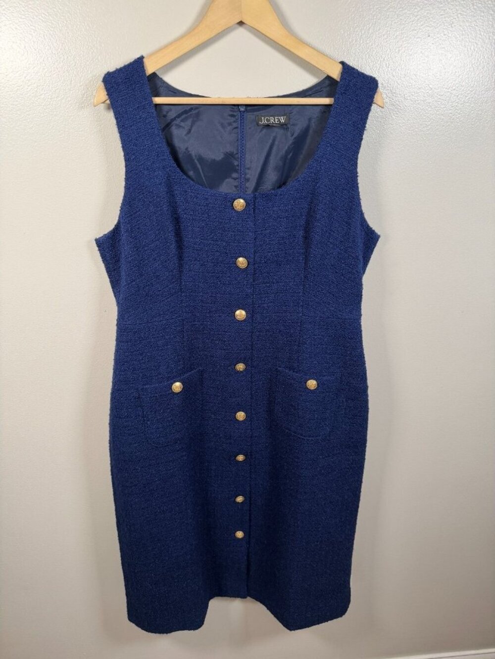 J. Crew Sophia Tweed Midi Dress Size 16 Navy Blue Preppy Career Work Office - Picture 2 of 10